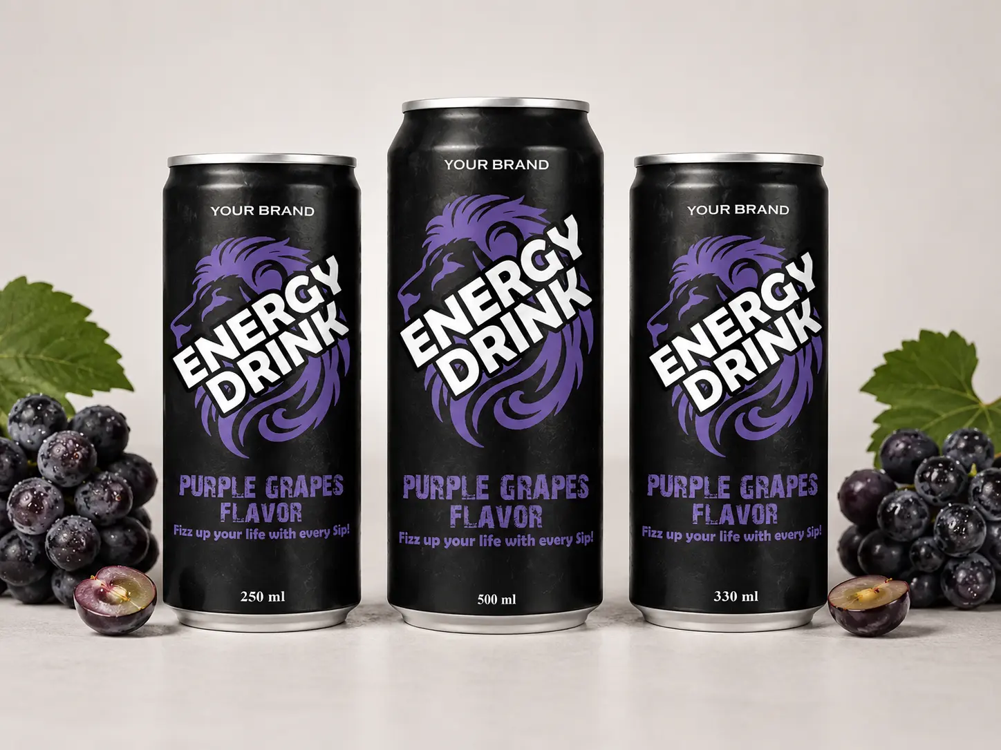 ENERGY DRINK Purple Grapes Flavor 250ml, 500ml and 330ml cans.